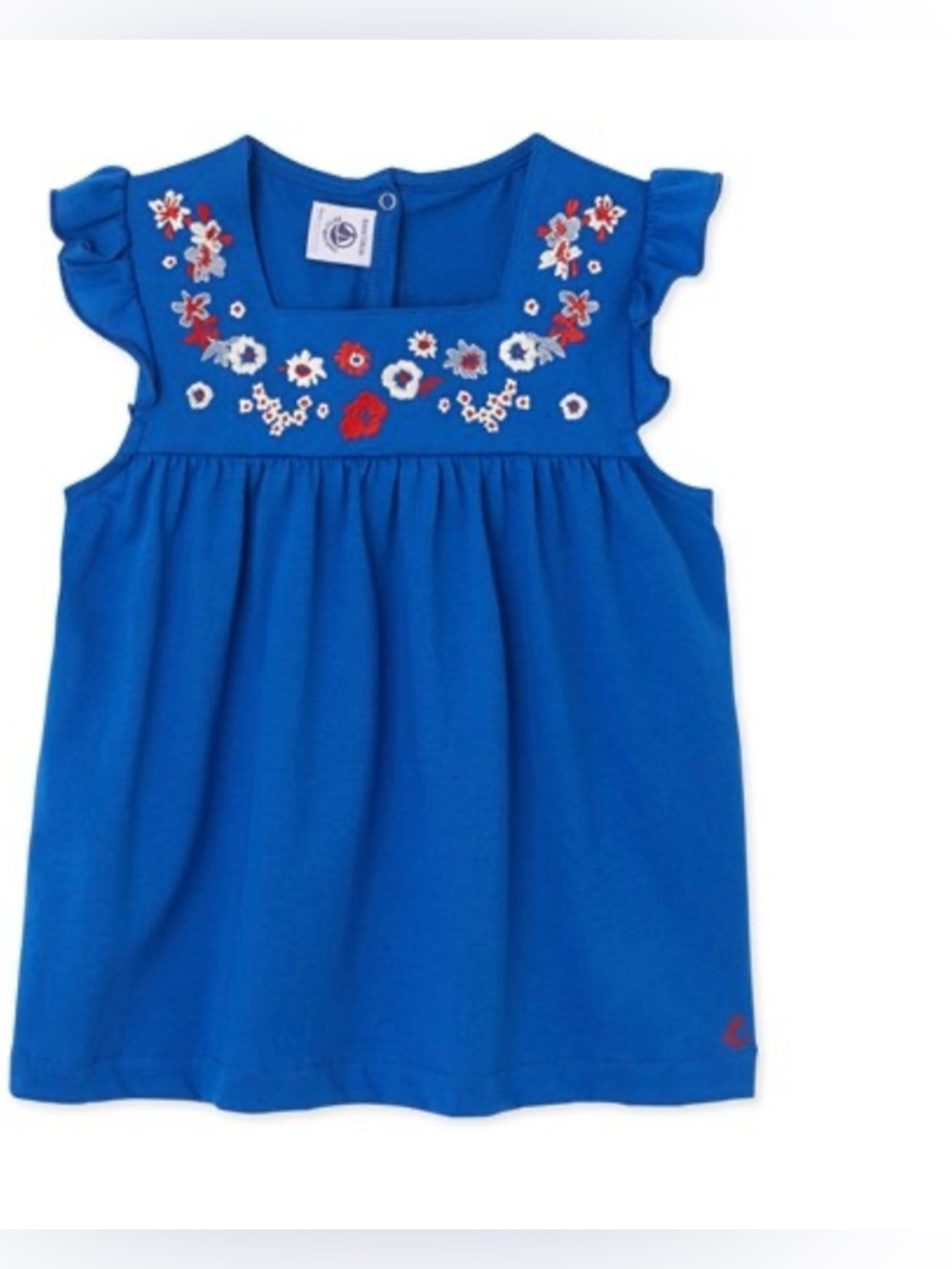 Petit Bateau Royal Blue Embroidered Ruffle-Sleeve Dress Baby Girl 24M
